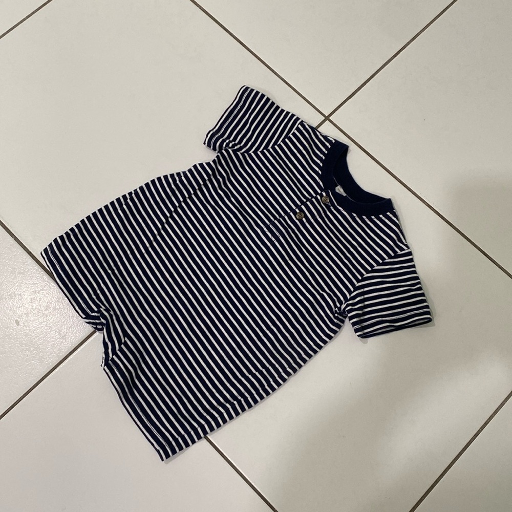 Navy Blue and white striped onesie shorts outfit by Lands’ End.